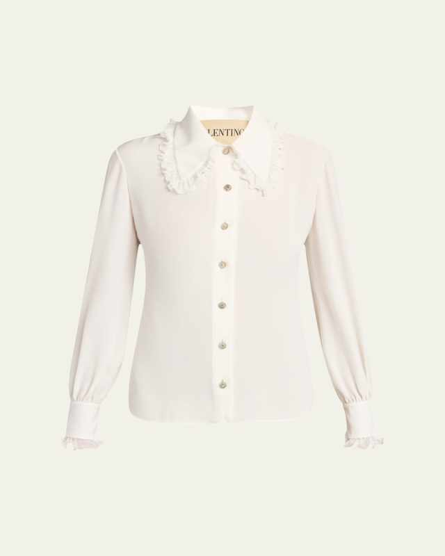 Ruffle-Trim Silk Button Blouse